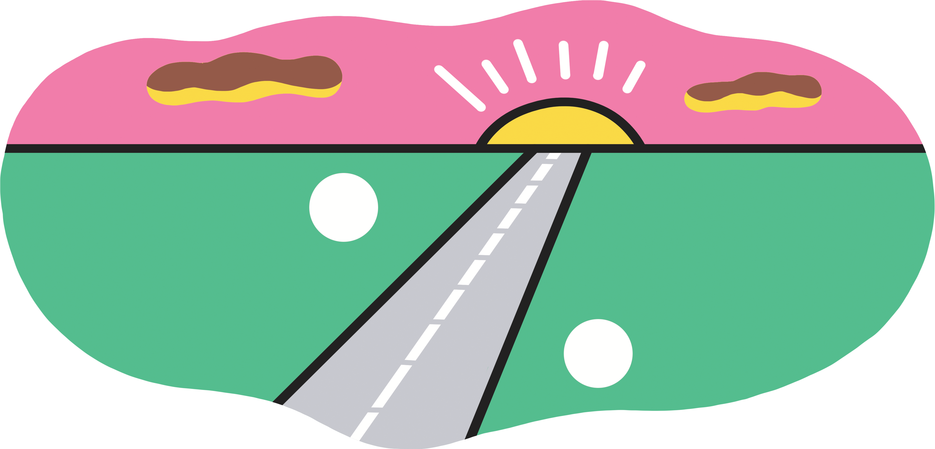 An illustration of a grey road, surrounded by green grass, leading into the sun setting under a pink sky.