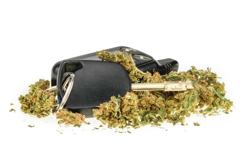 A car key and marijuana on a white background.