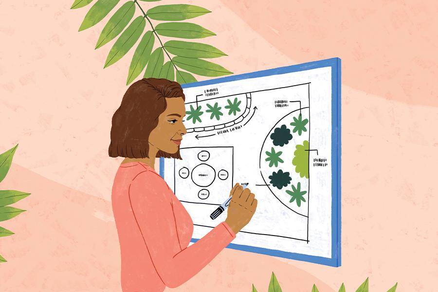 A woman is drawing a diagram on a white board.