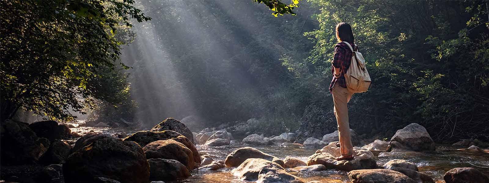 A woman wearing long, beige pants, a black-and-red plaid flannel shirt and a white backpack faces away from the camera, looking out onto the scene in front of her. She stands on a rock in the middle of a stream with other rocks of varying sizes scattered throughout the stream. Lining the stream is a dense forest, and there are beams of sunlight passing through the leaves above her and onto her.