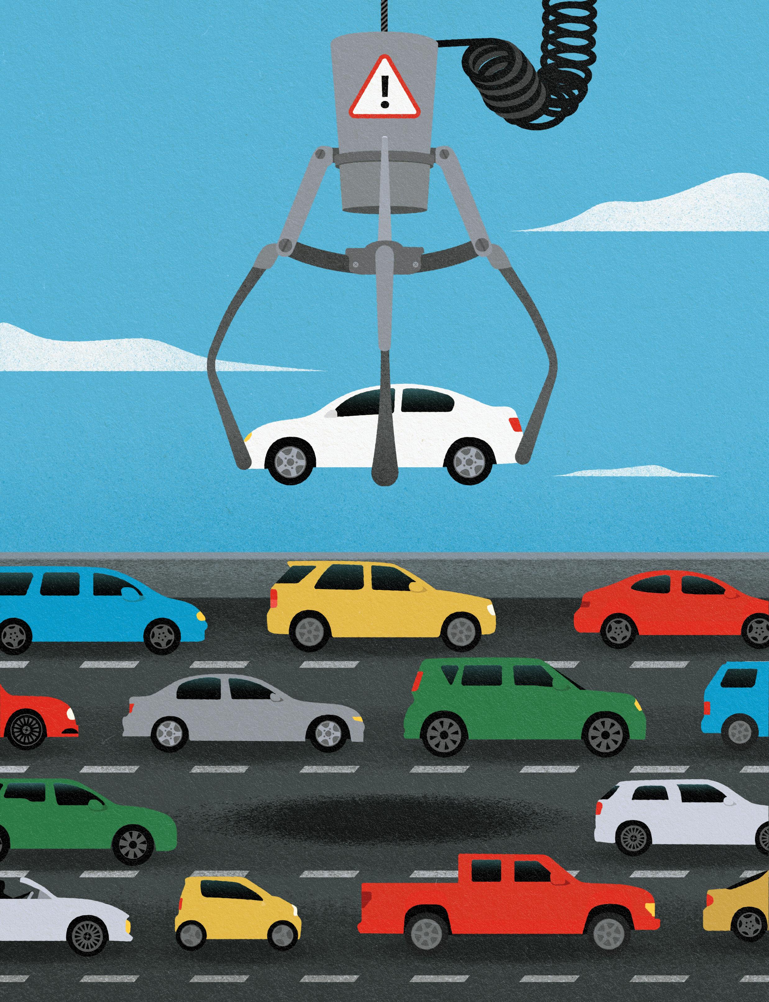An illustration of a claw machine arm grabbing a car up from a road filled with other cars.