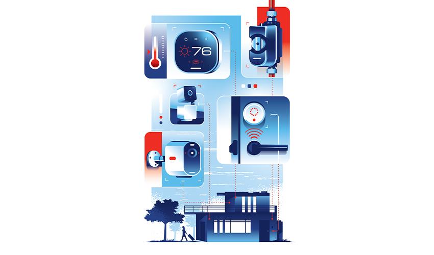 An illustration of a home with various electronic devices.