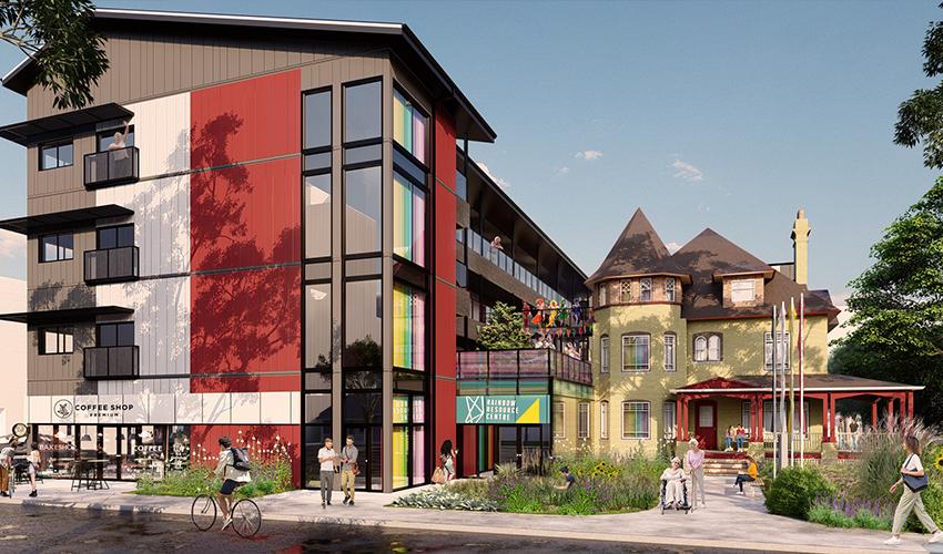 An artist's rendering of a building on a street.