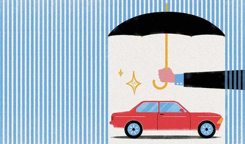 An illustration of a person holding an umbrella over a red car.