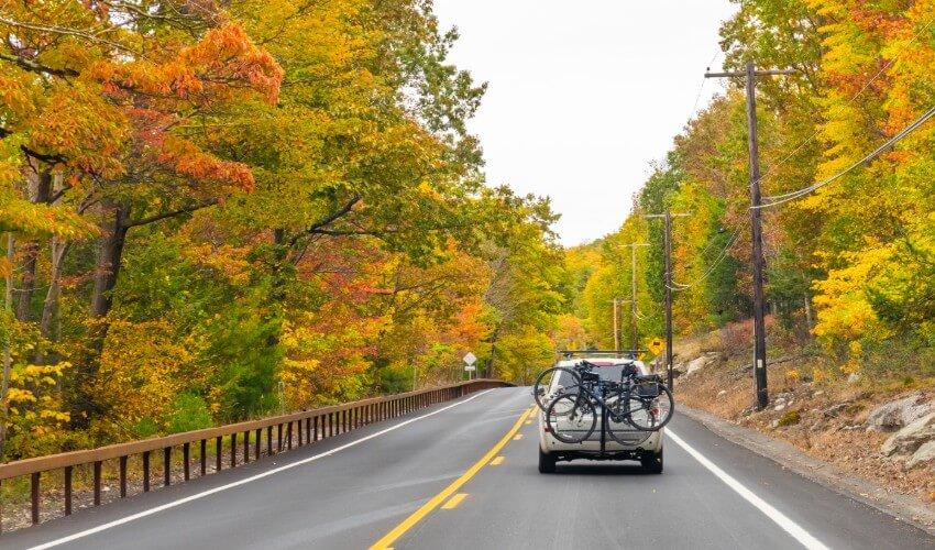 A truck with a bicycle on it drives down a road with trees in the background.