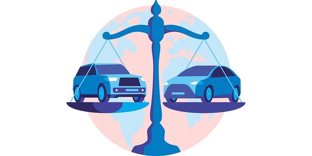 A blue car on a balance scale with a globe in the background.