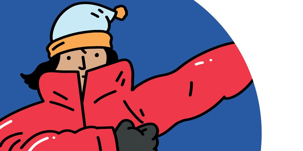A cartoon of a woman in a red jacket pointing at something.