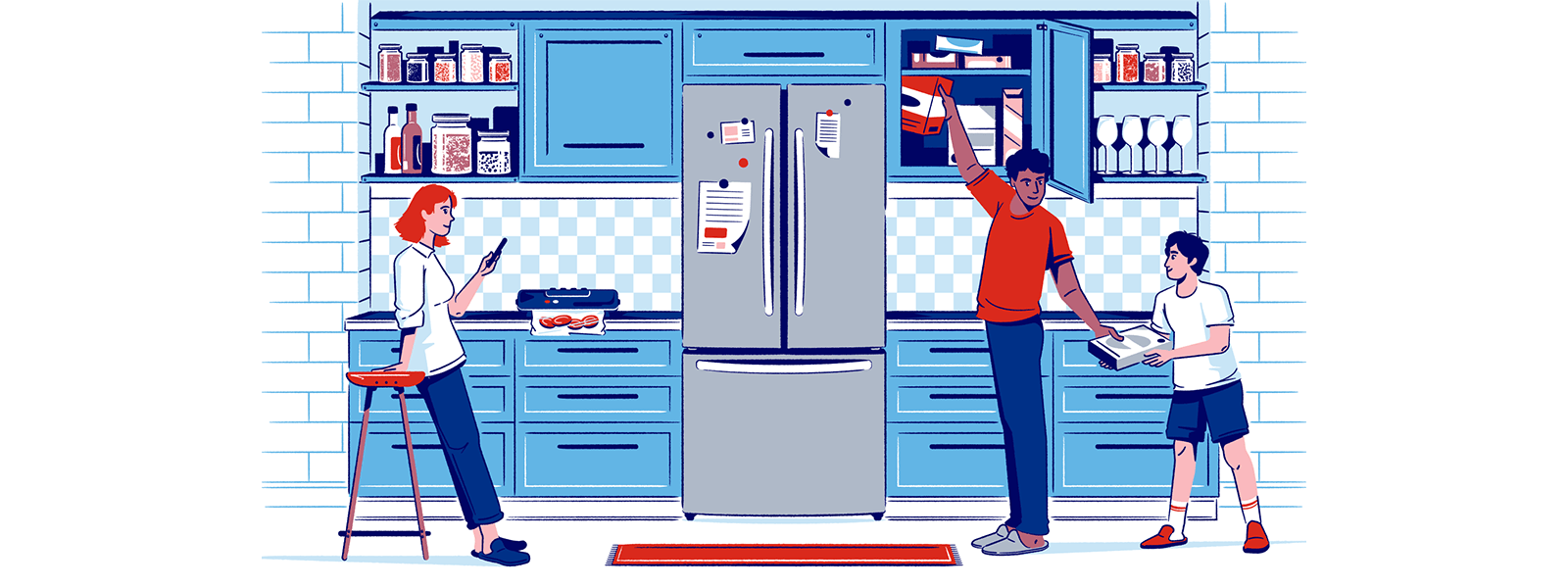 An illustration of a kitchen with blue cabinets and drawers with a refrigerator in the middle. On the left, a women with red hair is leant against a stool looking at her phone. On the right, a man wearing a red sweater reaches up into the cupboard with his right hand to lift out a red and white box. He hands a grey box to a small boy on his lefthand side. The boy is holding the grey box and is wearing a white shirt and blue shorts.