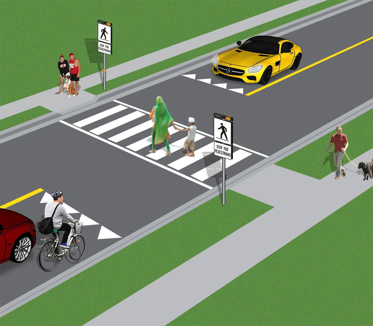 An illustration of a crosswalk with pedestrians walking across it. On the road waiting for the pedestrians to cross are cars and a cyclist.