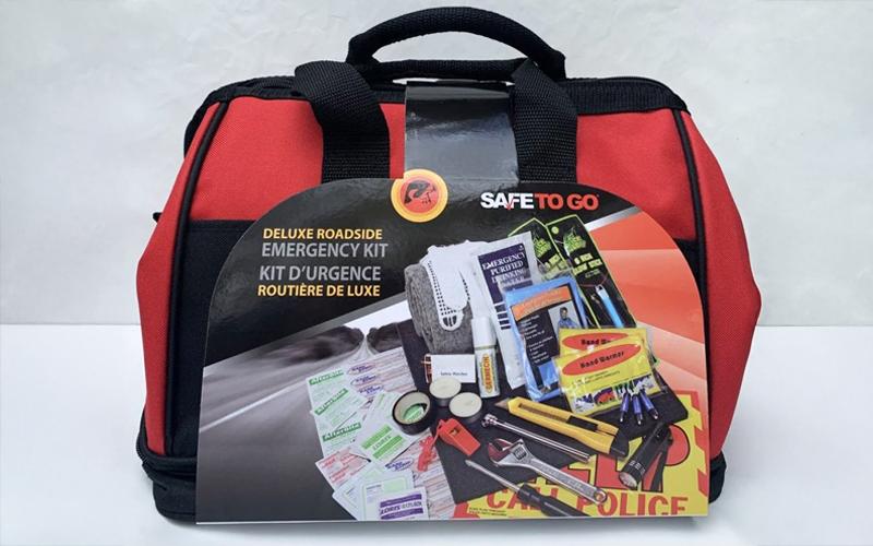 Small red bag containing emergency supplies for the car