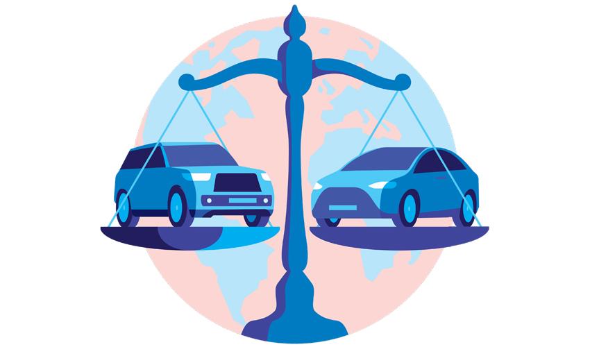 Two cars on a balance scale with the earth in the background.