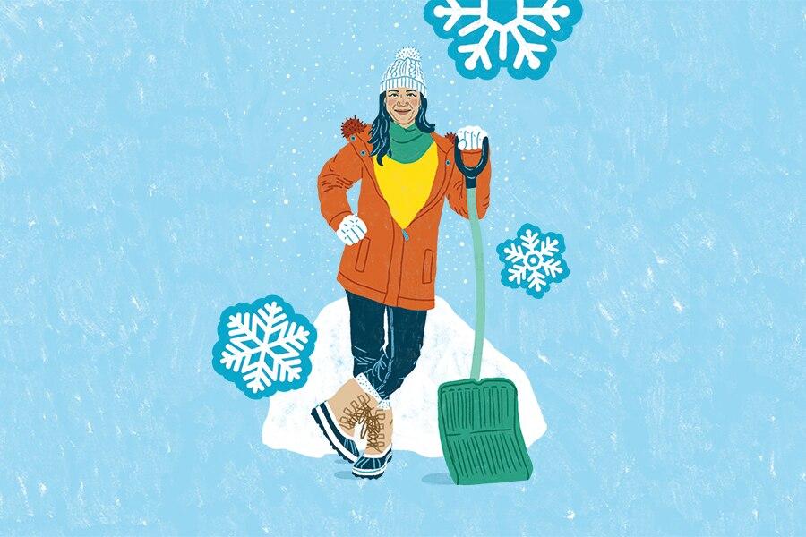 A woman in winter clothes cheerfully shovels snow, surrounded by illustrated snowflakes.