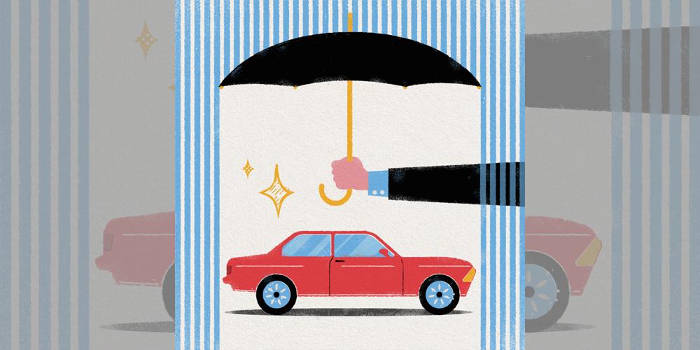 An illustration of a person holding an umbrella over a red car.
