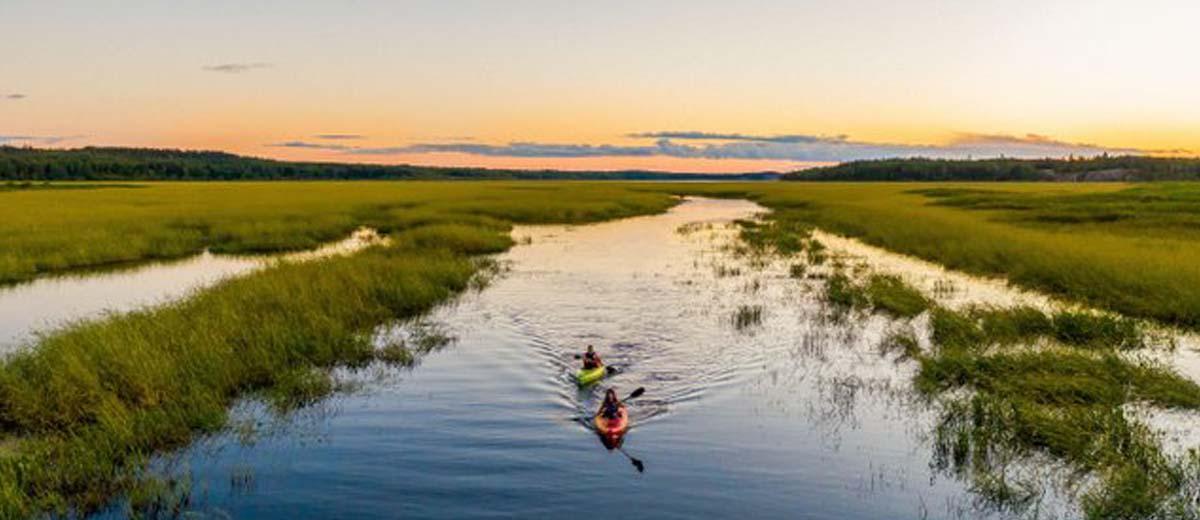Two people in life jackets paddle in kayaks down a stream