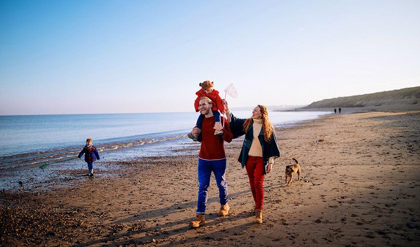 A family walking on the beach with a dog.