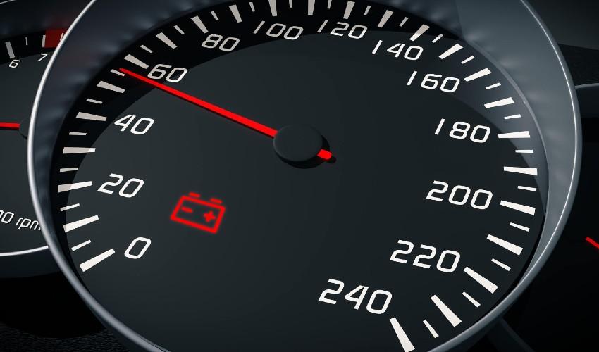 A car speedometer with a red light on it.