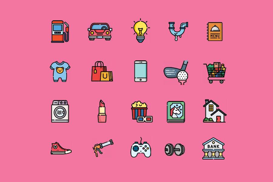 A set of colorful icons on a pink background.