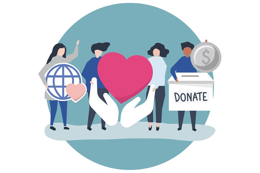 A group of people holding a heart and a coin.