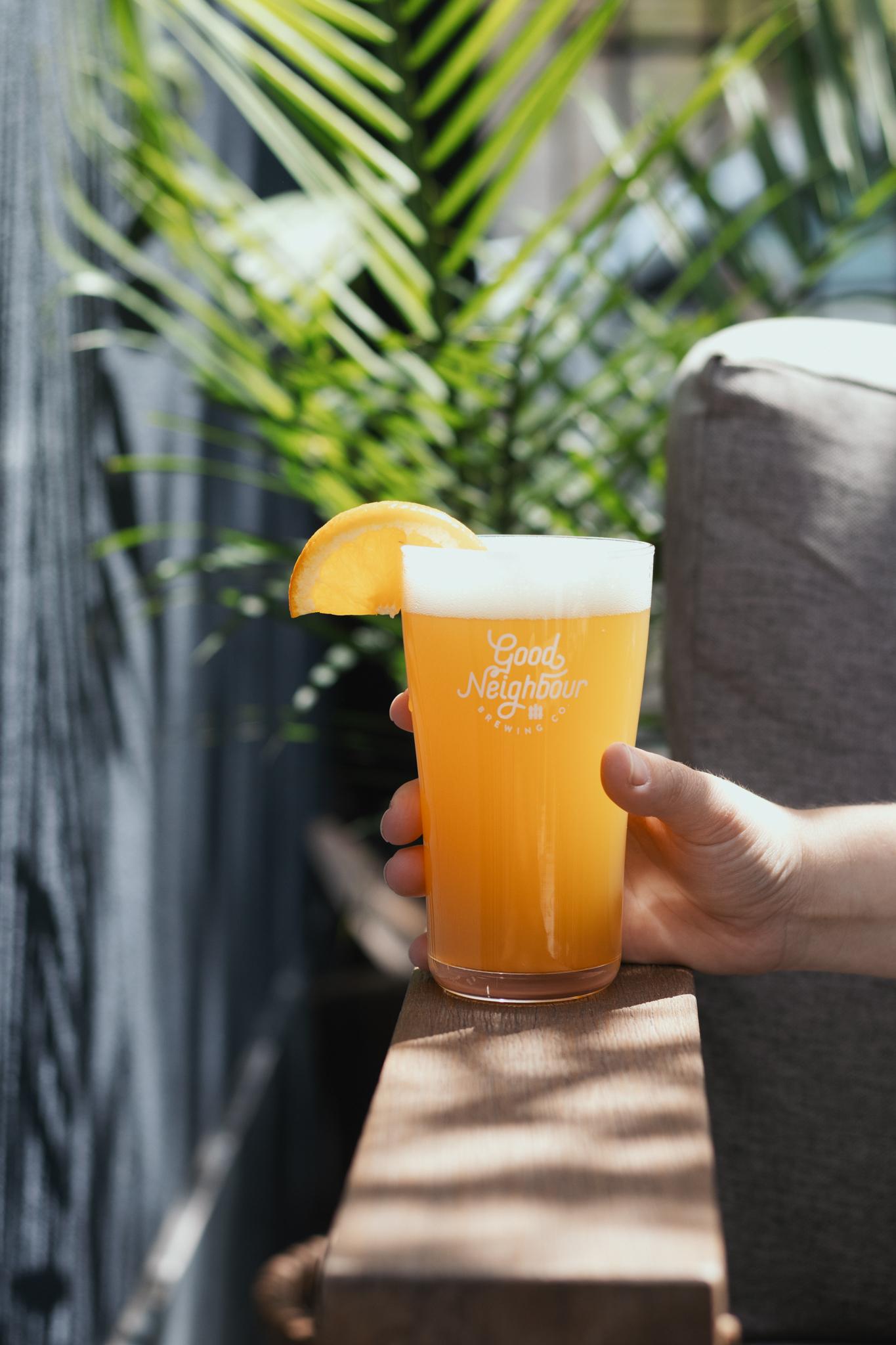 A hand holds a full glass of beer with an orange slice on the rim, with palm fronds in the background.