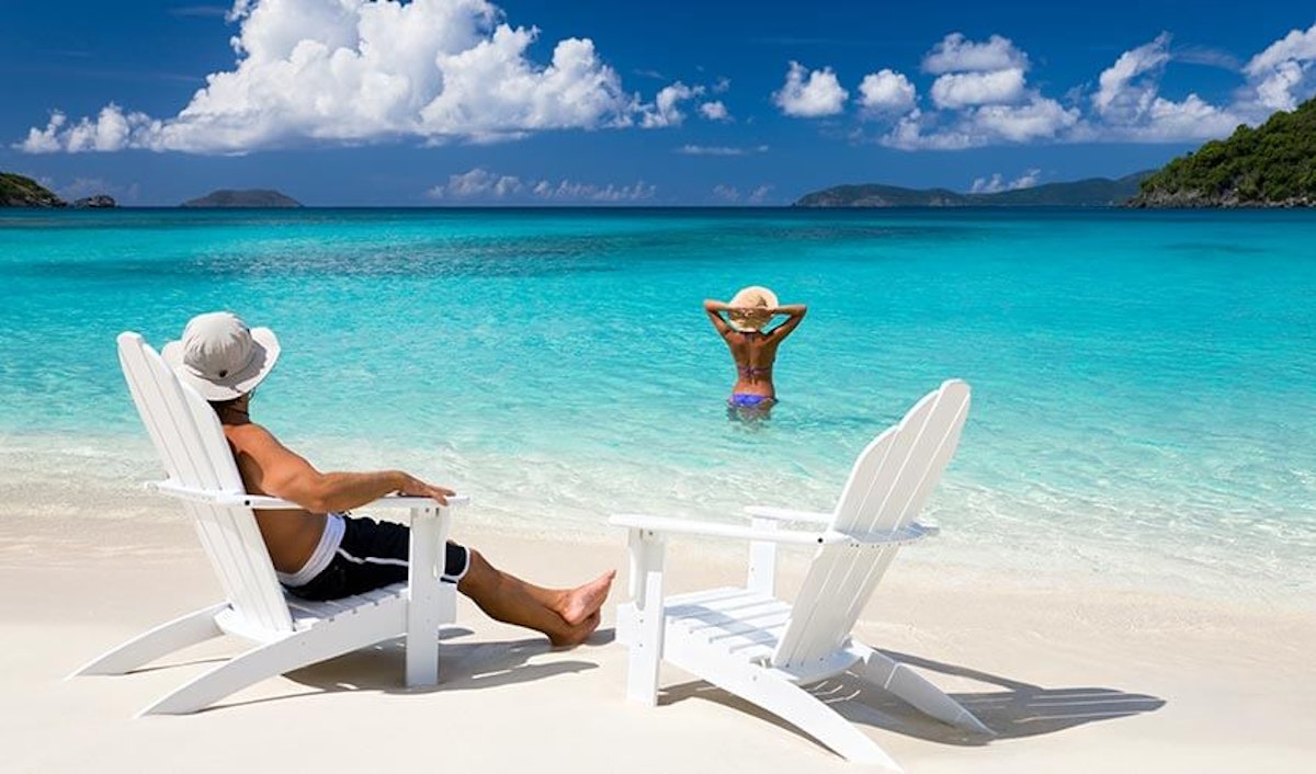 Two people sitting in white chairs on a beach.