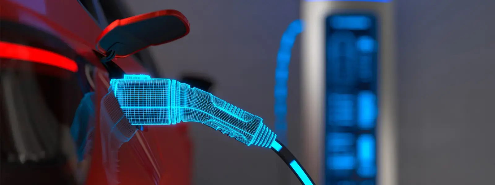 A close-up shot of an EV charger plugged into a red vehicle. The charger is illuminated in blue, signifying that electricity is running through it.