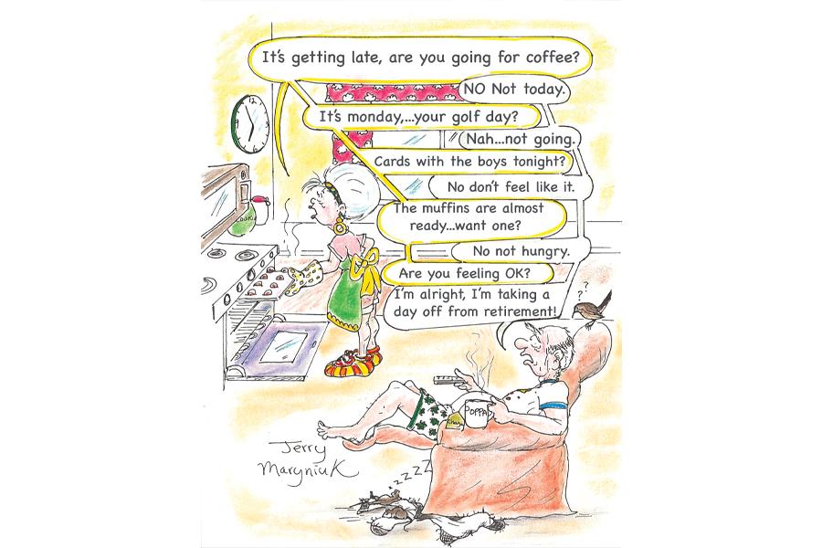 A cartoon drawing of a woman in a kitchen.