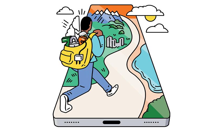 An illustration of a man walking with a backpack.