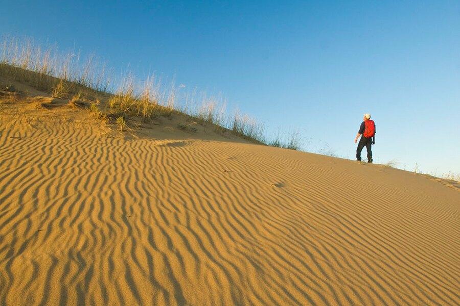 A man standing on top of a sand dune.