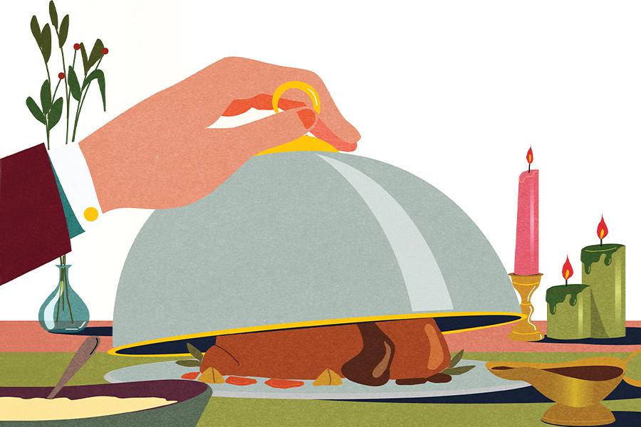 An illustration of a person putting a dish on a table.