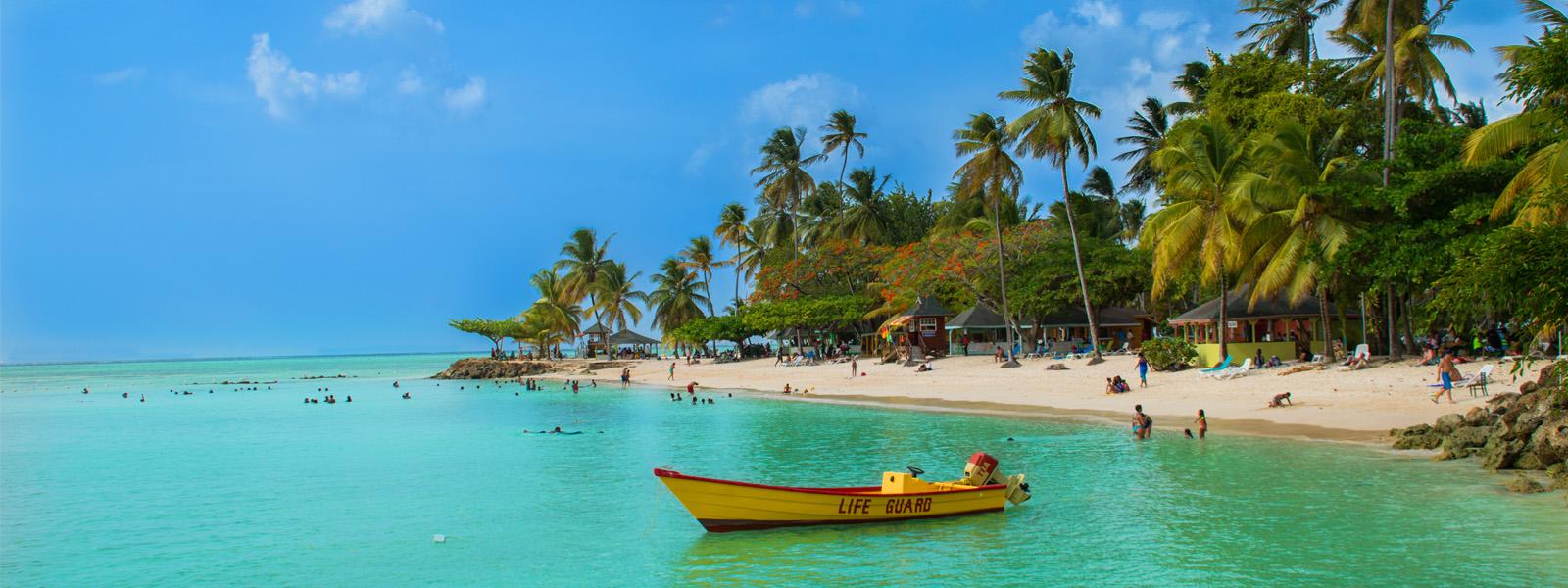 A beach scene: turquoise waters meet white sand under a clear blue sky. Lining the beach is a lush forest made up of palm trees and floral bushes. People are scattered across the beach and in the water while there is a small, yellow boat floating in the water.